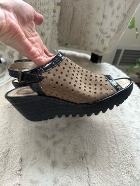 Fly London Taupe Perforated Wedge Sandal with Black Trim size 39 or 8.5 Classic